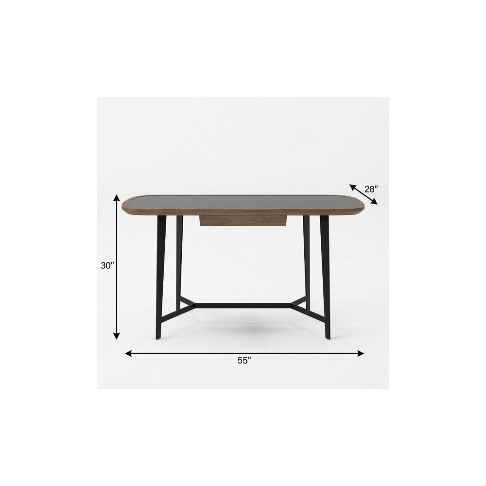 55" Walnut And Black Glass Rectangular Writing Desk