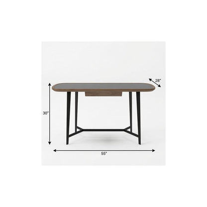 55" Walnut And Black Glass Rectangular Writing Desk