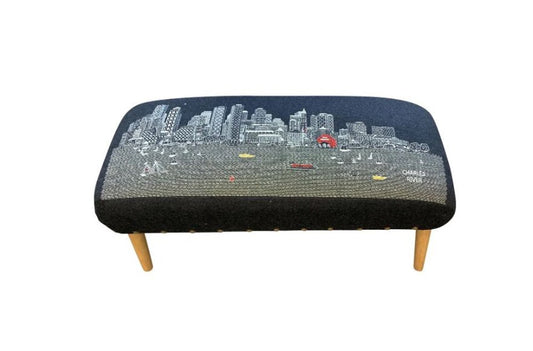 38" Black And Natural Boston Night Skyline Embroidered Ottoman