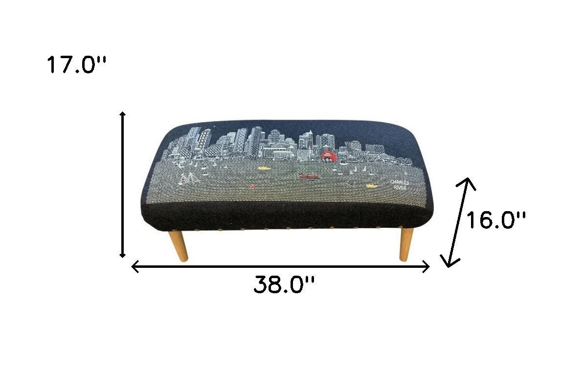 38" Gray Wool and Brown Ottoman