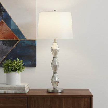 30" Brushed Silver Geo Glass Table Lamp With White Shade