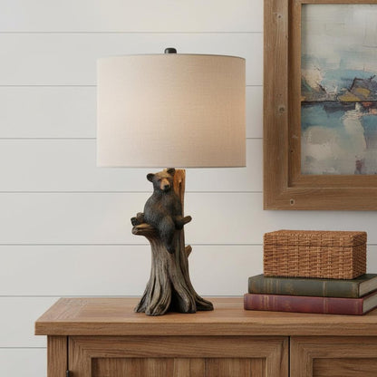 25" Black Blear in a Tree  Table Lamp With Beige Shade