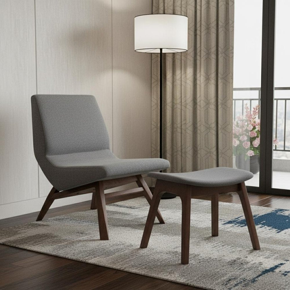 22" Gray And Brown Upholstered Lounge Chair With Ottoman