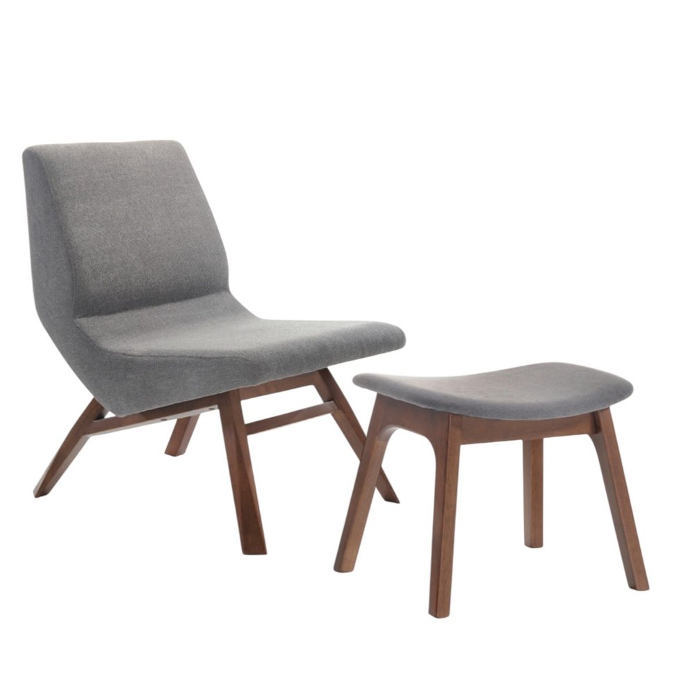 22" Gray And Brown Upholstered Lounge Chair With Ottoman