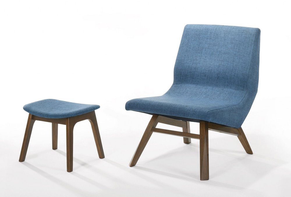 22" Blue And Brown Upholstered Lounge Chair With Ottoman