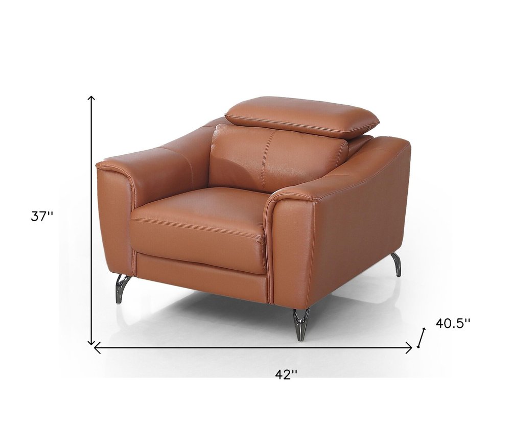 42" Orange And Silver Genuine Leather Lounge Chair