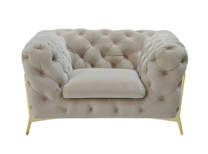 50" Beige And Gold Velvet Tufted Lounge Chair