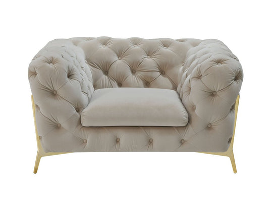 50" Beige And Gold Velvet Tufted Lounge Chair