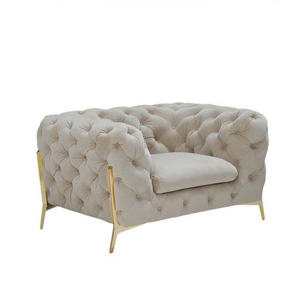 50" Beige And Gold Velvet Tufted Lounge Chair