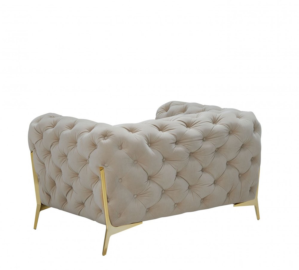 50" Beige And Gold Velvet Tufted Lounge Chair