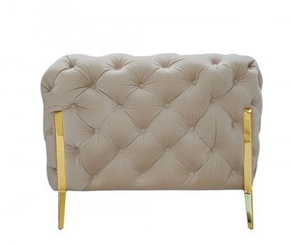 50" Beige And Gold Velvet Tufted Lounge Chair