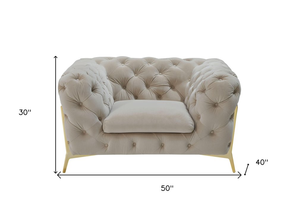 50" Beige And Gold Velvet Tufted Lounge Chair