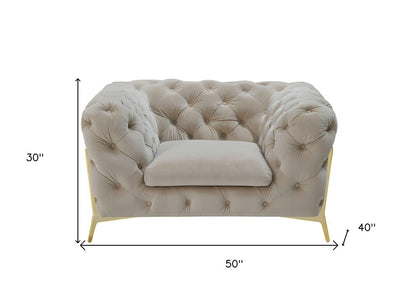 50" Beige And Gold Velvet Tufted Lounge Chair