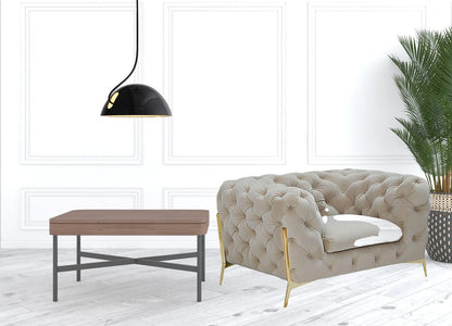 50" Beige And Gold Velvet Tufted Lounge Chair