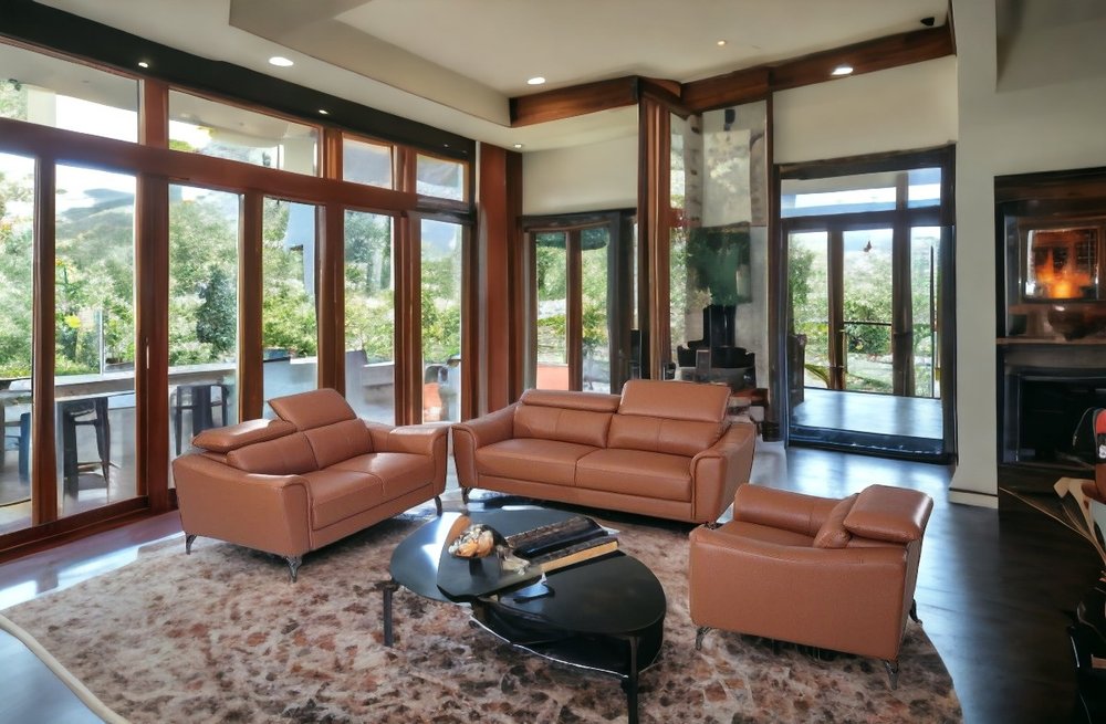 Three Piece Brick Red Genuine Leather Six Person Seating Set