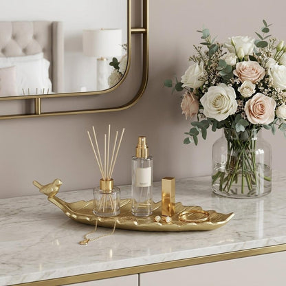 10" Gold Cast Iron Leaf Vanity Tray