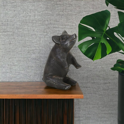 8" Black Metal Pig Hand Painted Figurine Tabletop Sculpture