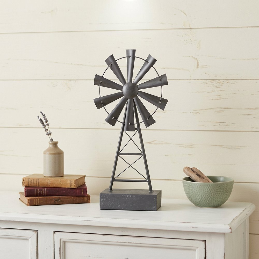 21" Gray Metal Windmill Hand Painted Sculpture