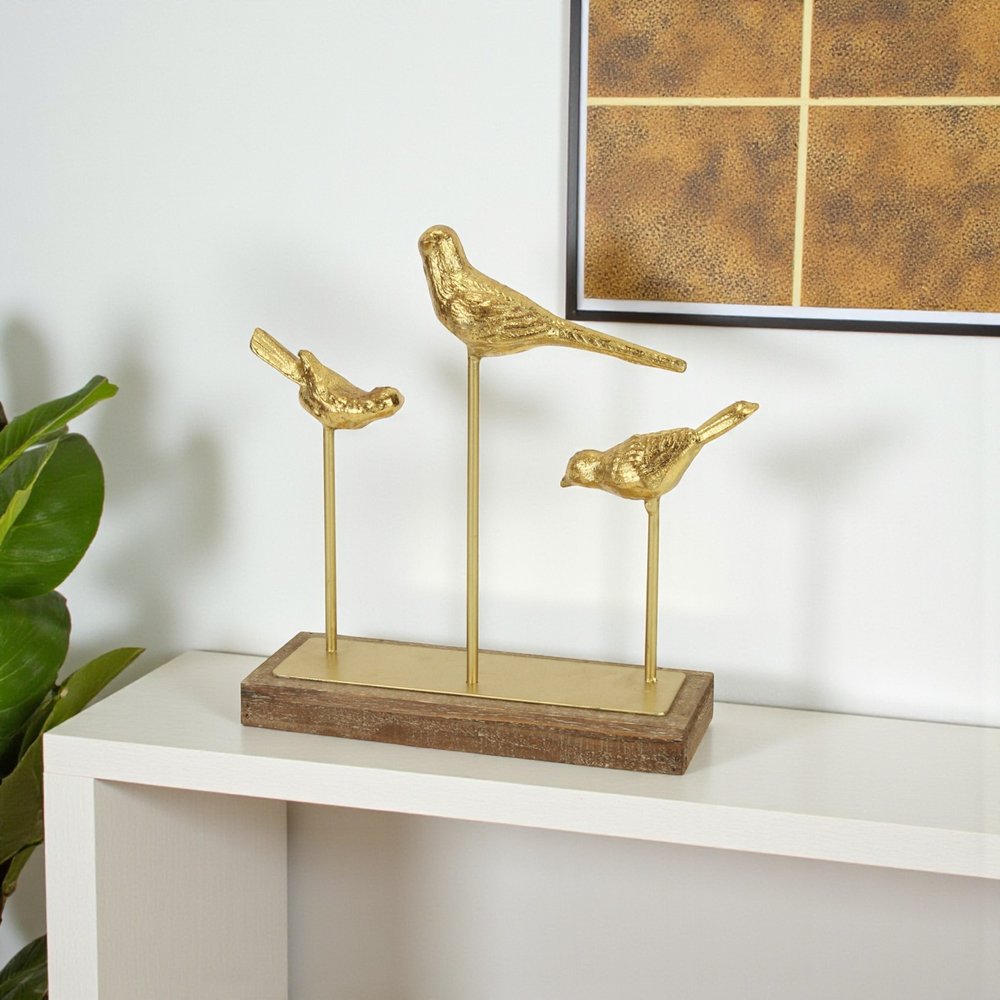 12" Gold Metal And Wood Bird Trio Tabletop Sculpture