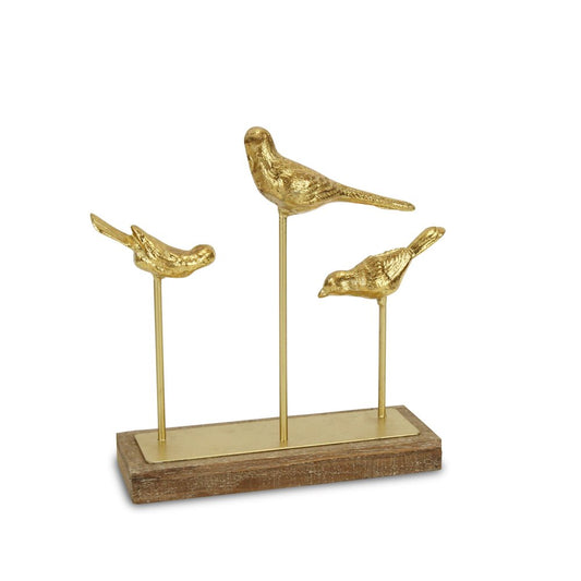 12" Gold Metal And Wood Bird Trio Tabletop Sculpture