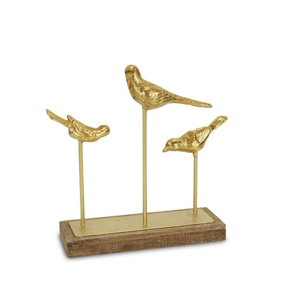 12" Gold Metal And Wood Bird Trio Tabletop Sculpture