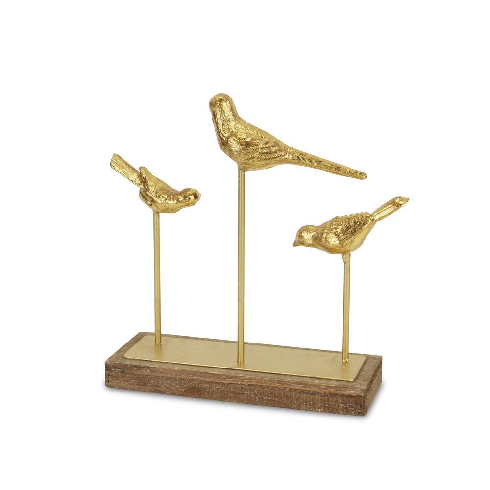 12" Gold Metal And Wood Bird Trio Tabletop Sculpture