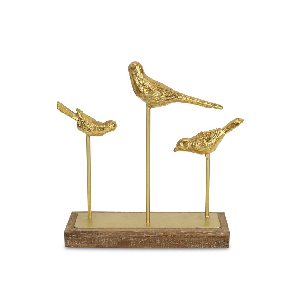 12" Gold Metal And Wood Bird Trio Tabletop Sculpture