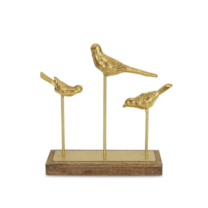 12" Gold Metal And Wood Bird Trio Tabletop Sculpture