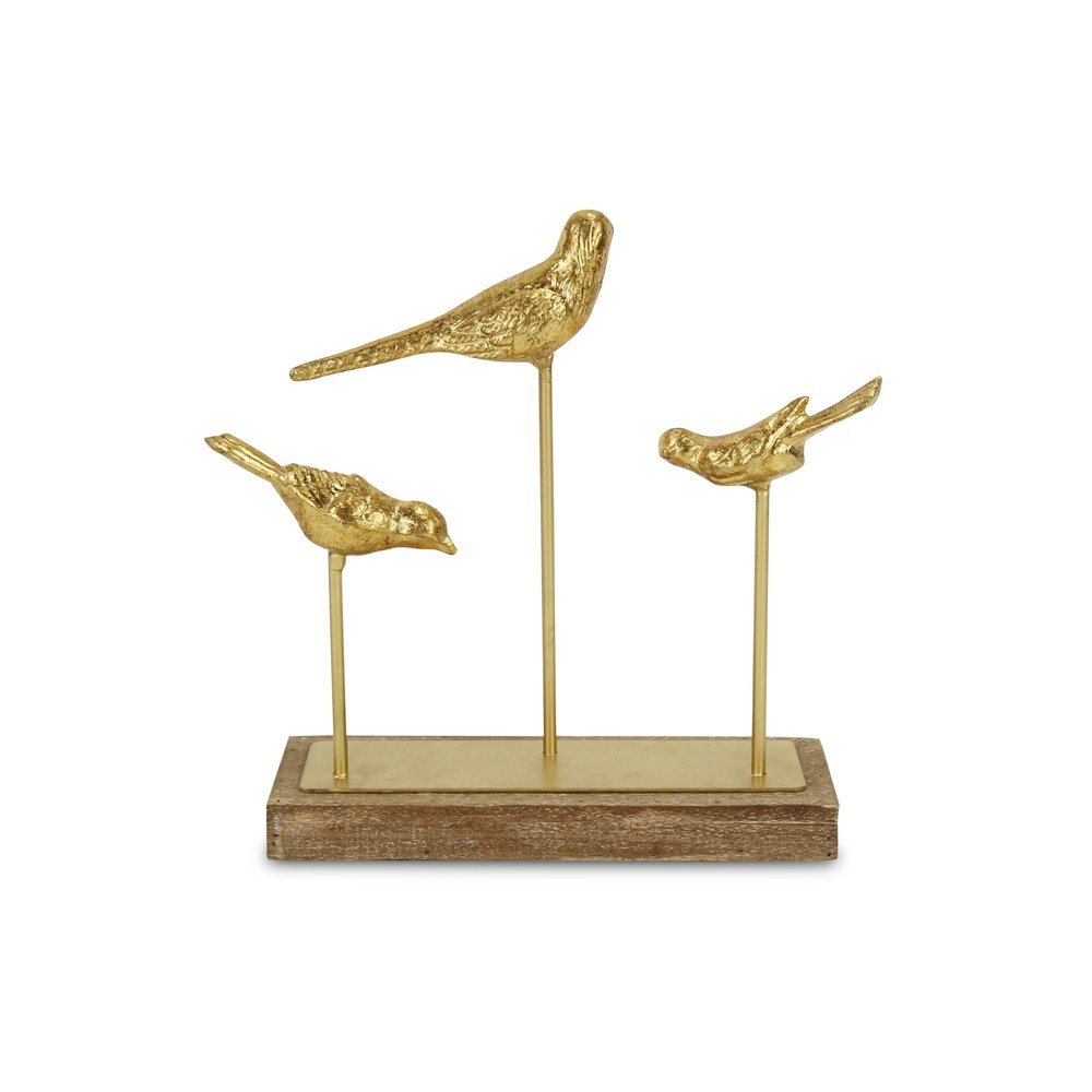 12" Gold Metal And Wood Bird Trio Tabletop Sculpture