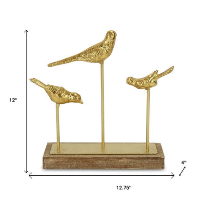 12" Gold Metal And Wood Bird Trio Tabletop Sculpture