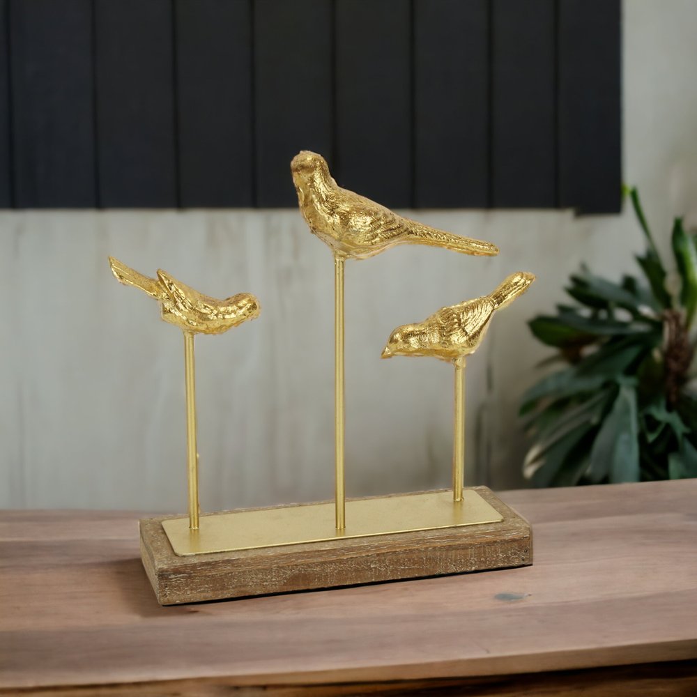 12" Gold Metal And Wood Bird Trio Tabletop Sculpture