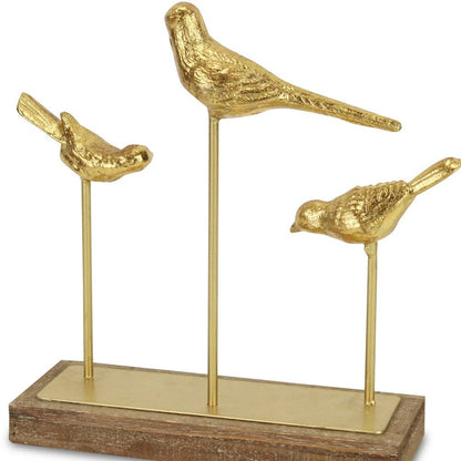 12" Gold Metal And Wood Bird Trio Tabletop Sculpture