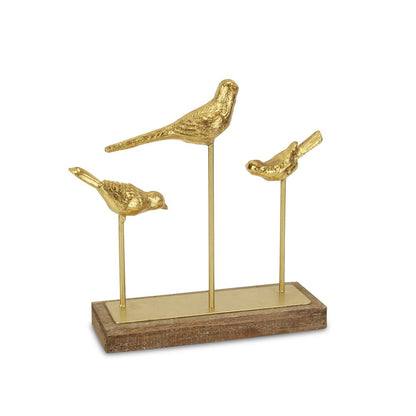 12" Gold Metal And Wood Bird Trio Tabletop Sculpture