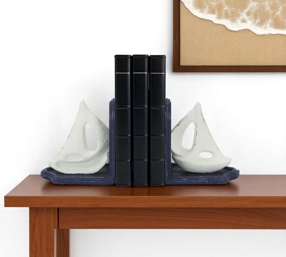 Set of Two 5" Blue And White Cast Iron Sailboat Decorative Bookends