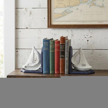 Set of Two 5" Blue And White Cast Iron Sailboat Decorative Bookends