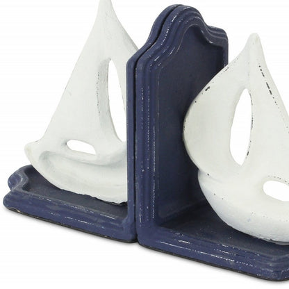 Set of Two 5" Blue And White Cast Iron Sailboat Decorative Bookends