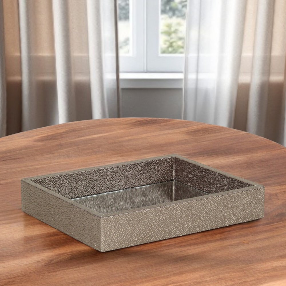 10" Gray Mirrored Glass And Wood Faux Shagreen Vanity Tray