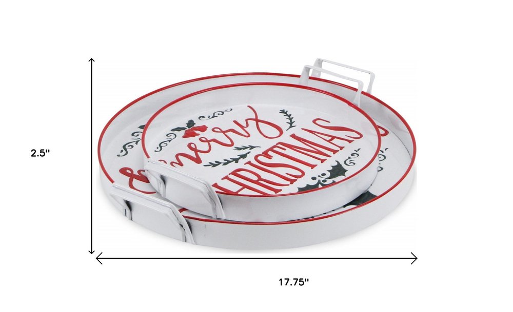 Set of Two White Round Metal Christmas Handmade Serving Tray With Handles