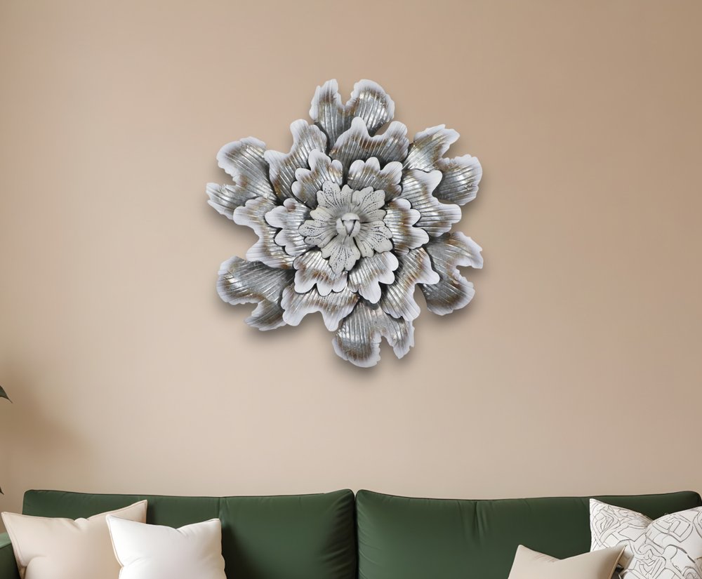 27" X 27" Gray and Off White Galvanized Metal Flower Hanging Dimensional Sculpture