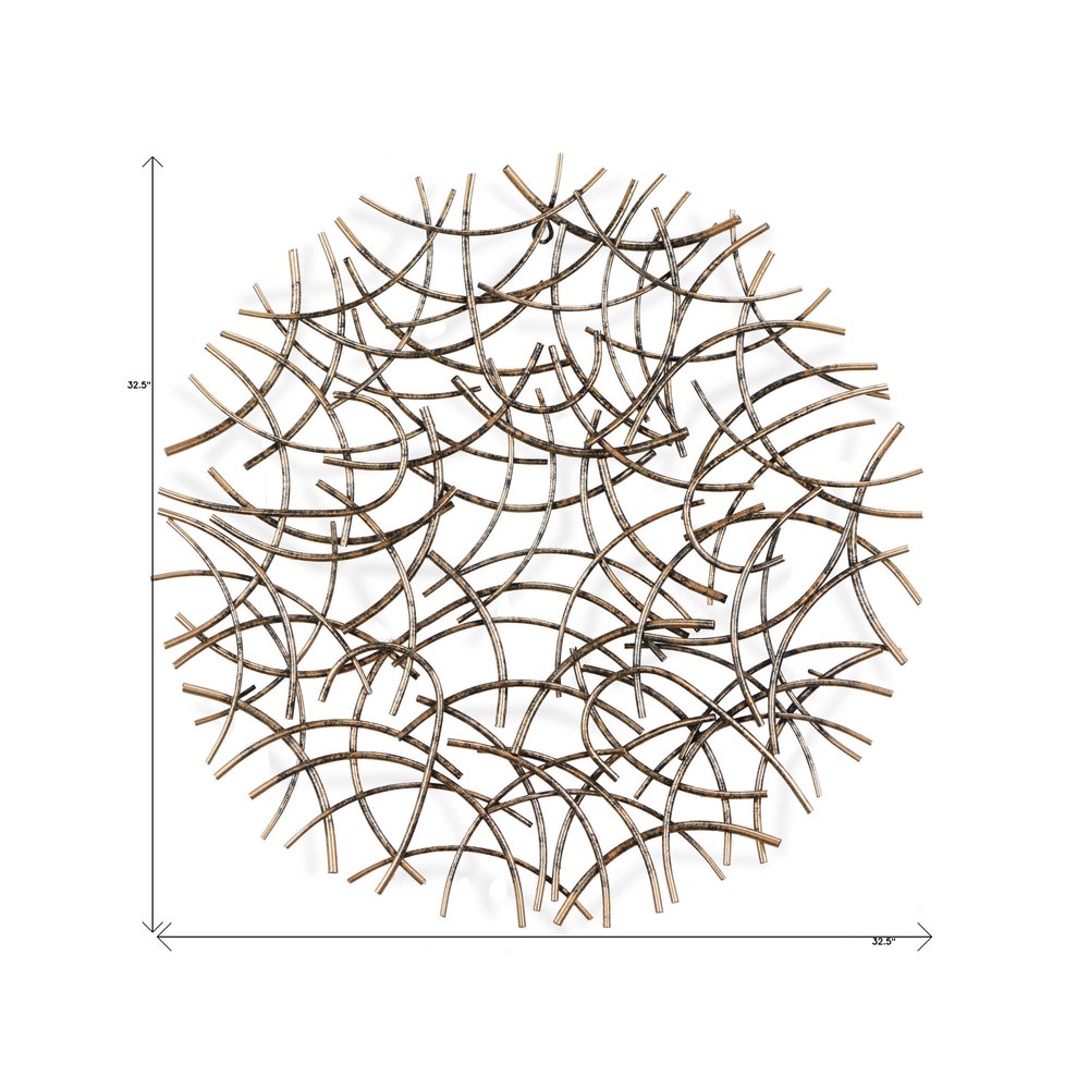 33" X 33" Bronze Metal Abstract Lines Round Hanging Dimensional Sculpture