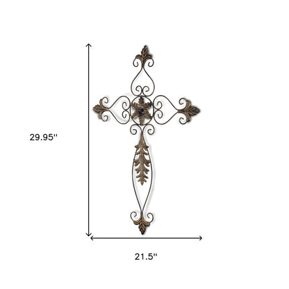 30" X 22" Bronze Floral Cross Metal Hanging Dimensional Sculpture