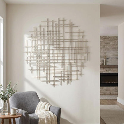 37" X 38" Silver Metal Abstract Lines Round Hanging Dimensional Sculpture