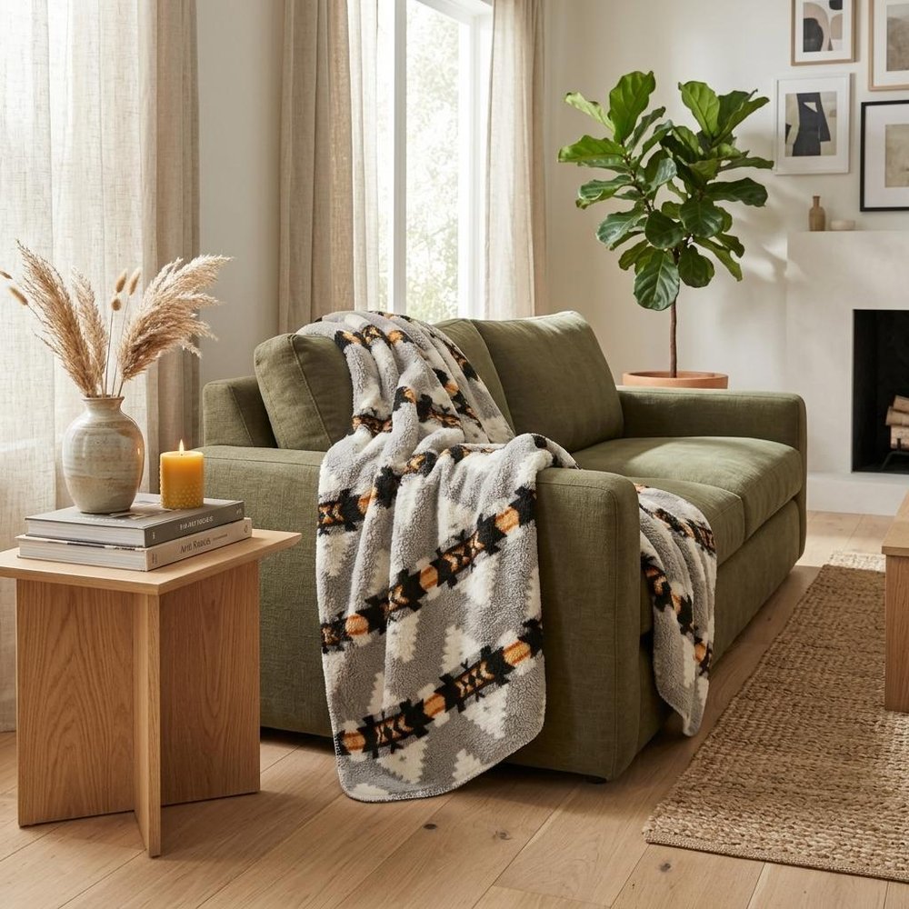 Gray Knitted Sherpa Geometric Reversable Throw