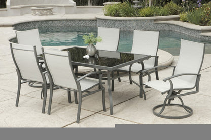 Seven Piece Black and Gray Rectangular Glass Dining Set with Six Chairs