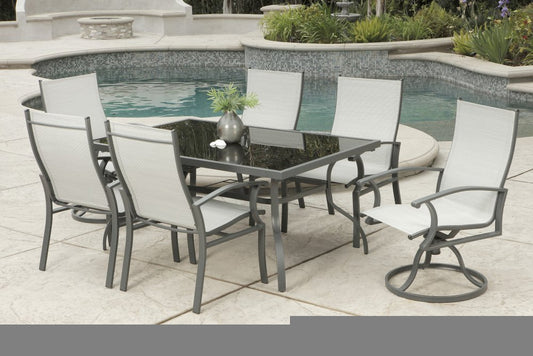 Seven Piece Black and Gray Rectangular Glass Dining Set with Six Chairs