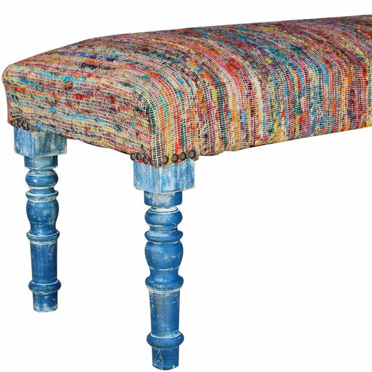47" Blue And Orange Cotton And Solid Wood Upholstered Distressed Bench