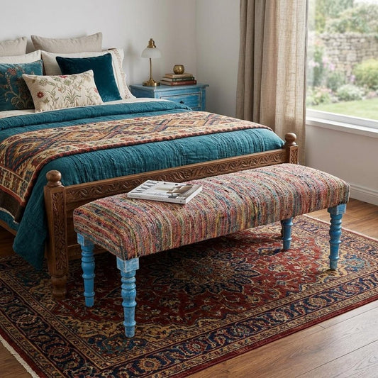 47" Rainbow Stripe Blue Leg Upholstered Bench