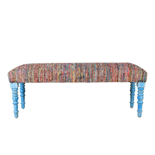 47" Blue And Orange Cotton And Solid Wood Upholstered Distressed Bench
