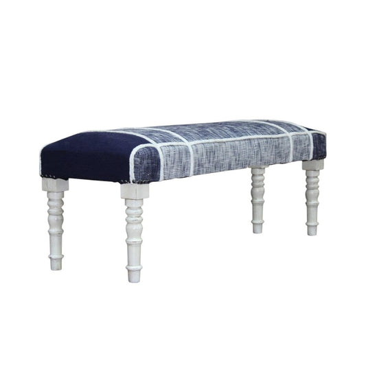 47" Navy Blue And White Cotton And Solid Wood Upholstered Bench