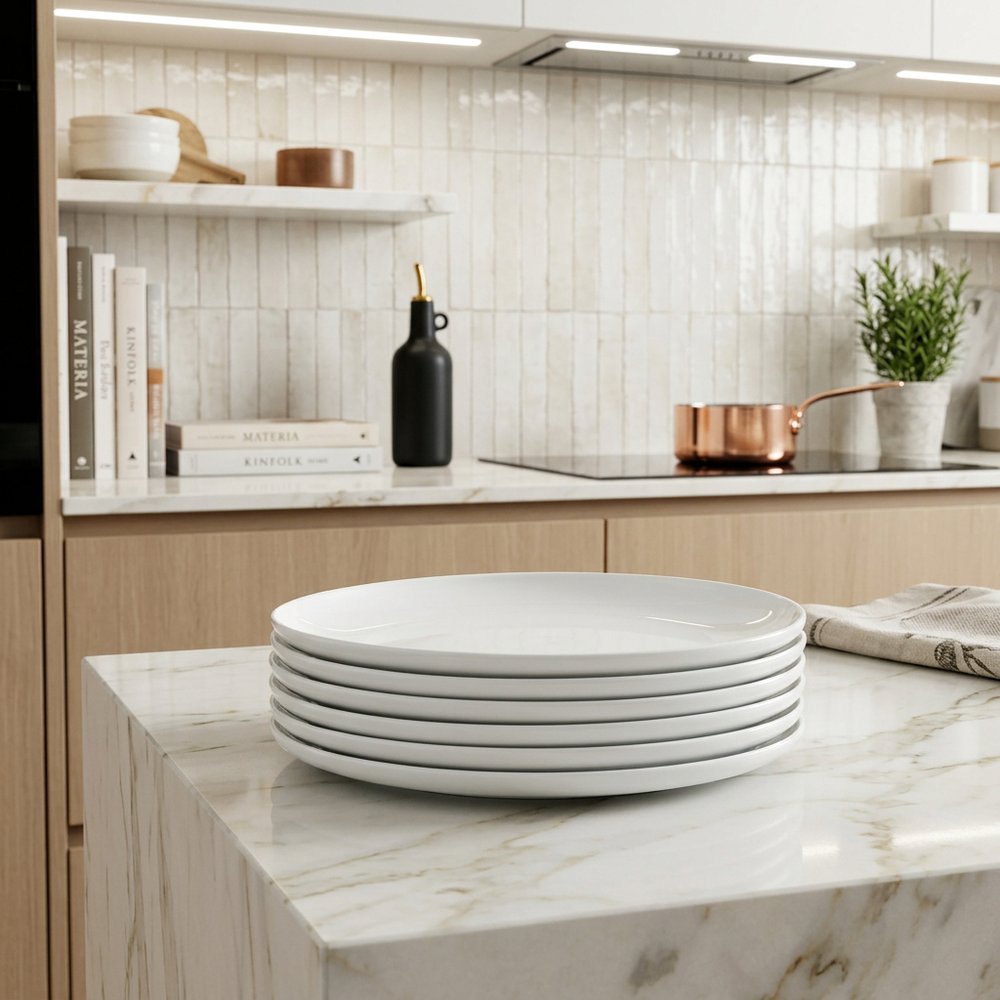 White Six Piece Round Coupe Porcelain Service For Six Dinner Plate Set